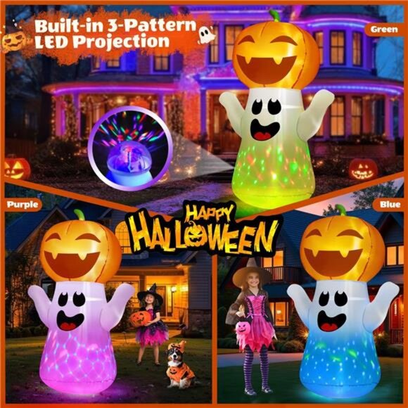 5FT Halloween Inflatables Pumpkin Ghost Built-in 3-Pattern Colorful Flashing - Picture 2 of 7